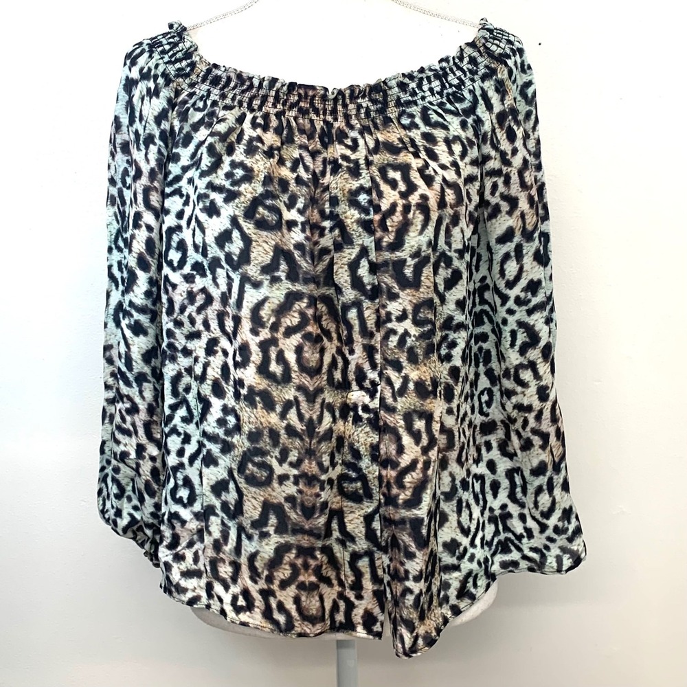 Nicole Miller  Leopard Print Off Shoulder Peasant Blouse  Brown Casual  Medium
